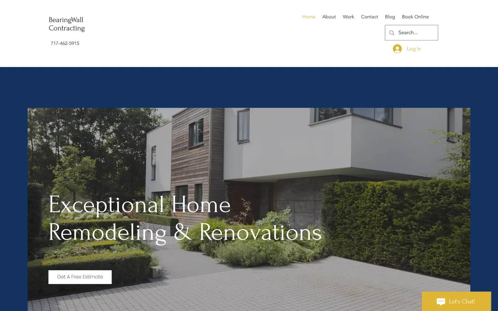 The Bearing Wall Contracting homepage on desktop, showing the navigation, a full width remodeling photograph, and a Get A Free Estimate button.
