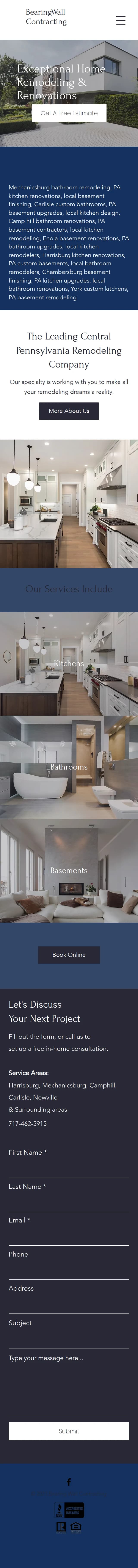 The same site on a phone, scrolling from the logo and remodeling photograph down through the service areas, bookings, and footer.